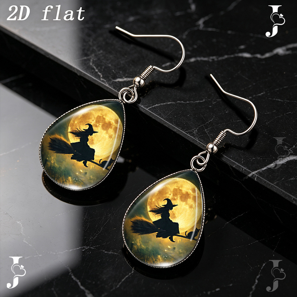 Full Moon Witch Silhouette Teardrop Earrings